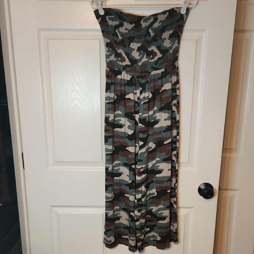 Arizona Jean Company Green Camouflage Wide Cropped Leg, Strapless Jumpsuit